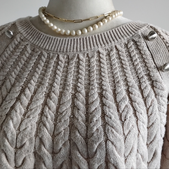 Talbots Cotton Wool Blend Cable Knit Sweater Natural Tan Silver Buttons - Picture 6 of 15